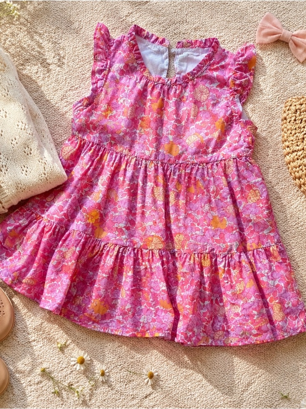 Crewcuts by J Crew - Kids Pink and Orange Sundress with Flutter Sleeves - Picture 3 of 11